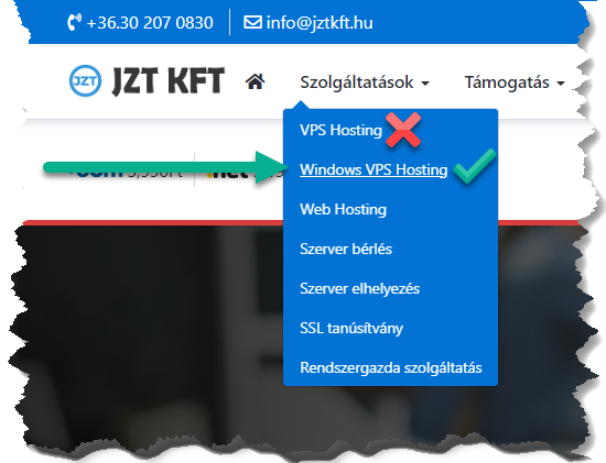 Windows VPS Hosting választása a menüből